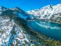 Lake Tahoe California. Emerald Bay. Winter Drone Panorama. Beautiful colors. Royalty Free Stock Photo