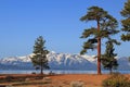 Lake Tahoe Sunrise at Zephyr Cove with Snow-covered Mountains in California, Nevada, USA Royalty Free Stock Photo