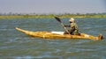 Lake Tana, Ethiopia - Feb 05, 2020: Rower in a canoe at Zege Peninsula in Lake Tana