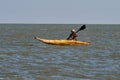 Lake Tana, Ethiopia - Feb 05, 2020: Rower in a canoe at Zege Peninsula in Lake Tana