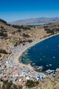 Lake Titicaca and the city of Copacabana, Bolivia, during the feast day of the Lady of Copacabana