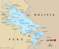 Lake Titicaca, on the border of Bolivia and Peru, political map Royalty Free Stock Photo