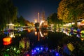 The lake at Tivoli Gardens at night, in Copenhagen, Denmark.