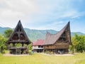 Lake Toba, Indonesia - circa february, 2019: Batak traditional houses in a row at Ambarita village, lake Toba, travel destination