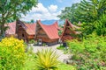 Lake Toba, Indonesia - circa february, 2019: Batak traditional houses in a row at Ambarita village, lake Toba, travel destination