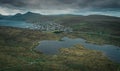 Lake Toftavatn with hiking trail from above, village Runavik, Eysturoy, Faroe Islands Royalty Free Stock Photo