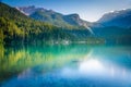 Lake Tovel reflection symmetry in Trentino-Alto Adige, Dolomites, Italy