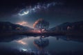 a lake with a tree and a house in the distance under a night sky filled with stars and a full moon with a reflection in the water Royalty Free Stock Photo