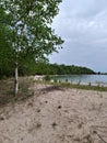 Lake trees pebbles waves water sky clouds vegetation beach evening view scenic