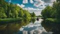 lake and trees Spring summer landscape blue sky clouds Narew river boat green trees countryside grass Poland water Royalty Free Stock Photo