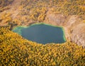 Lake Uchkel and Yellow Larch Forest in Autumn. Aerial View. Ulagan Plateau, Altai Republic, Russia Royalty Free Stock Photo