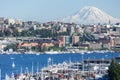 Lake Union, Lees Landing Marina, and Snowcapped Mt Rainier. Seattle, Washington State, USA Royalty Free Stock Photo