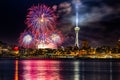 Lake Union 4th of July Fireworks and the Seattle skyline, as seen from across Elliott Bay at Seacrest Park in West Seattle