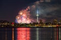 Lake Union 4th of July Fireworks and the Seattle skyline, as seen from across Elliott Bay at Seacrest Park in West Seattle Royalty Free Stock Photo