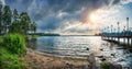 Lake Valdai in the rays of the sun setting Royalty Free Stock Photo