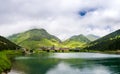 Lake in Vall de Nuria valley Sanctuary in the Catalan Pyrenees, Spain Royalty Free Stock Photo