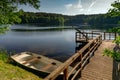 Lake view with a bridge on a sunny day with clear and blue skies. Royalty Free Stock Photo