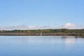 Lake view of a camper van with solar panel living van life panorama landscape with reflection on the water in Marateca Dam in