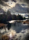 Lake view with dark forbidding clouds and reflecting of the sun in water Royalty Free Stock Photo