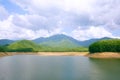 Lake view, mountains in background, blue cloudy sky