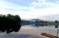 lake view in the morning with the reflection of the trees in the lake. the raft is on the edge of the photo