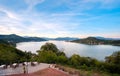 Lake view restaurant tables terrace at sunset on lake maggiore italy Royalty Free Stock Photo