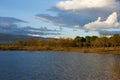 Lake view at sunset with Gardunha mountains on the background at sunset in Castelo Branco, Portugal Royalty Free Stock Photo