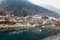 Lake village European Alps during winter