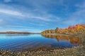 Lake Wallenpaupack in Poconos PA on a bright fall day lined with trees