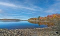 Lake Wallenpaupack in Poconos PA on a bright fall day lined with trees