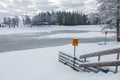 Lake with warning sign Thin Ice Royalty Free Stock Photo