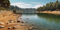 Lake water drying up in green valley, forest and sky