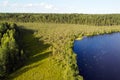 Lake water and green forest trees, aerial view. Summer landscape, beautiful nature, sunny day Royalty Free Stock Photo