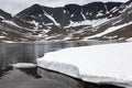 Lake with water from melted snow in highland of the Khibiny massif. The Kola Peninsula, Russia