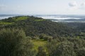 Lake water reservoir of Alqueva Dam landscape from Mourao castle in Alentejo, Portugal Royalty Free Stock Photo