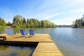 Lake waterfront with pier and two blue chairs.