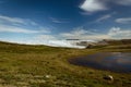 Lake on the way from Point 660 to Kangerlussuaq. Greenlandic icecap in the background Royalty Free Stock Photo