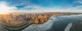 Lake in winter early morning with winter fogs in Zebrzydowice, Silesia, Poland with palace park, pier and frozen swimming pool. Royalty Free Stock Photo