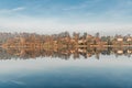 Lake in winter early morning with winter fogs in Zebrzydowice, Silesia, Poland with palace park, pier and frozen swimming pool. Royalty Free Stock Photo