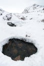 Lake on wintertime with broken ice. Crack broke the thick ice. A frozen hole in the ice. Royalty Free Stock Photo
