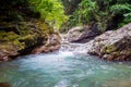 A lake with a woman swimming in the tropical forest