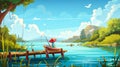 A lake with wooden pier and fisherman in his boat is shown in this modern cartoon illustration of a summer landscape Royalty Free Stock Photo