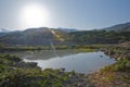 Lake in Xizi . Amazing landscape of lake with crystal clear green water and blue sky. Panoramic view of beautiful mountain Royalty Free Stock Photo
