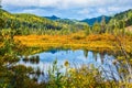 Lake among yellow bushes and far mountains