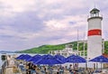 Lakefront dining and lighthouse Cooperstown New York in Spring Royalty Free Stock Photo