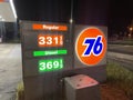 Phillips 76 gas price sign at night 3.31 a gallon Royalty Free Stock Photo