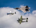 LAKELAND, FLORIDA, UNITED STATES - Apr 06, 2014: F22 Raptor, P51 Mustang and P38 Lightning at Sun N\' Fun Air Sho Royalty Free Stock Photo