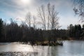 Lakes are freed from ice and flooded areas in early spring in the parks of St. Petersburg