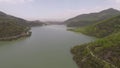 aerial lakescape and mountains