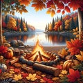 A lakeside with autumn leaves around a crackling bonfire, creating a cozy and warm atmosphere. landscape background, Nature